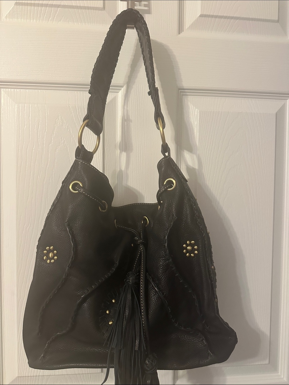 Women's Black Leather Tassel Hobo Bag